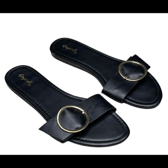 3 for $30 QUPID black silver buckle flat sandals - Picture 1 of 5